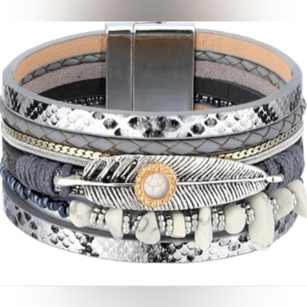 White Turquoise Bracelet Multi Layer Faux Leather